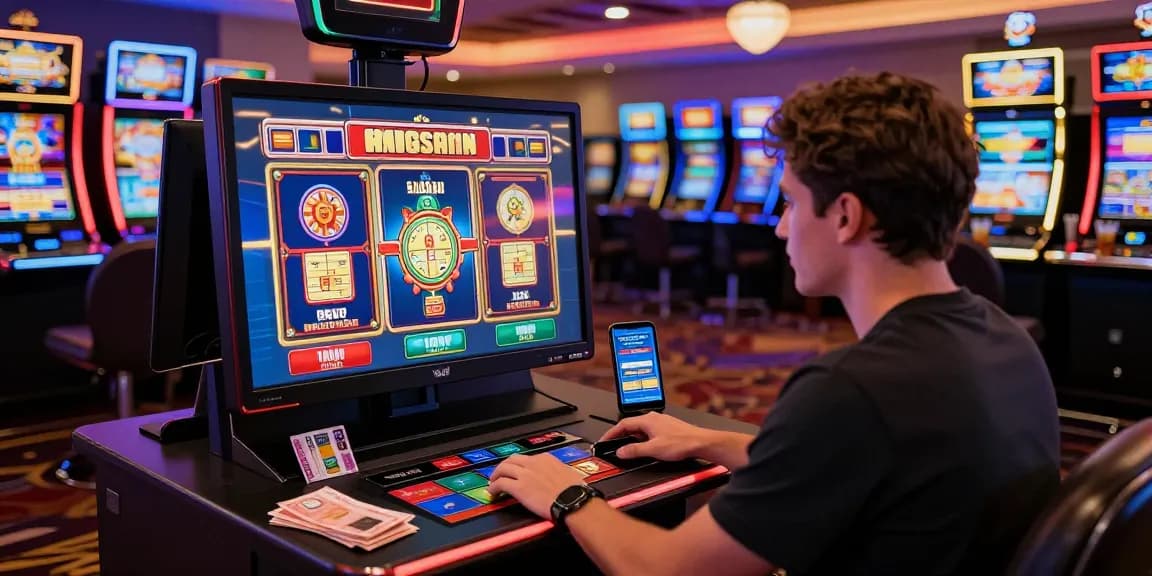 Engaged player at https://thebls.org.uk enjoying vibrant slot games in a neon-lit casino.