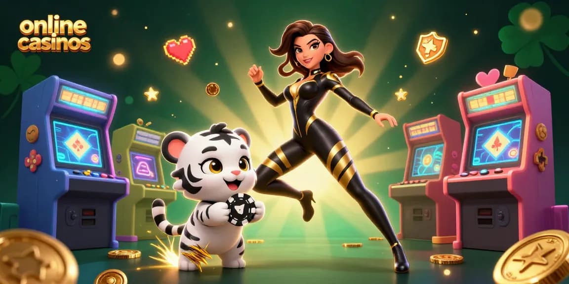 Experience online casinos through a vibrant 3D illustration showcasing a woman and a tiger enjoying gaming.