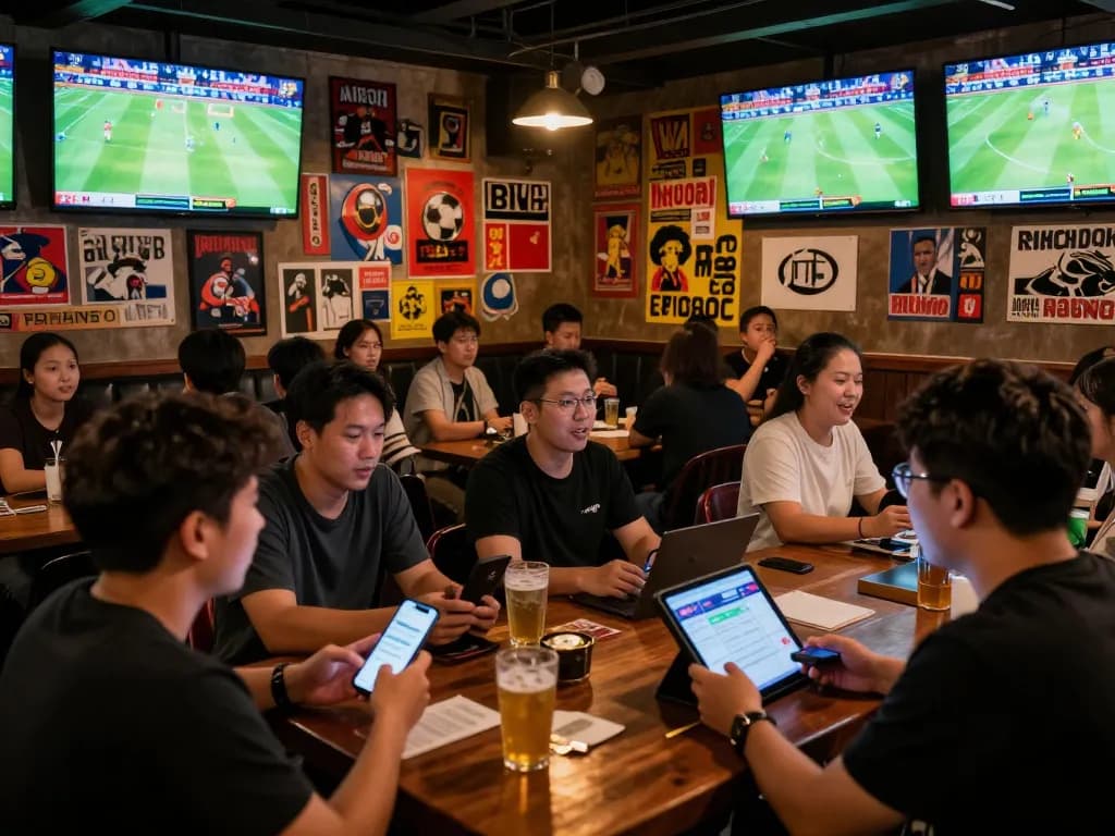 Engaged fans placing bets on kèo nhà cái using smartphones in a lively sports bar atmosphere