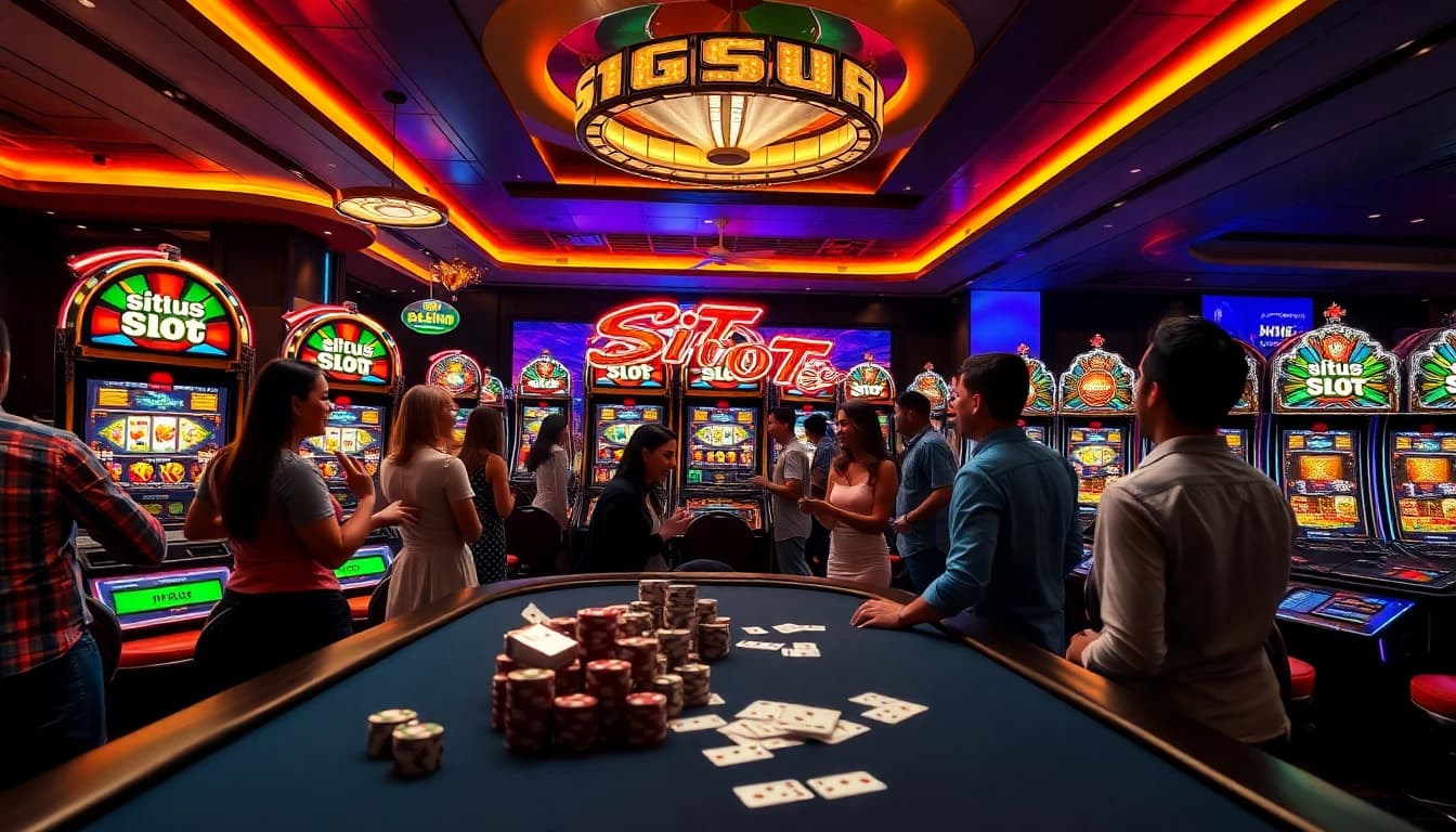 Players enjoying a situs slot demo at vibrant slot machines in a luxurious casino setting.