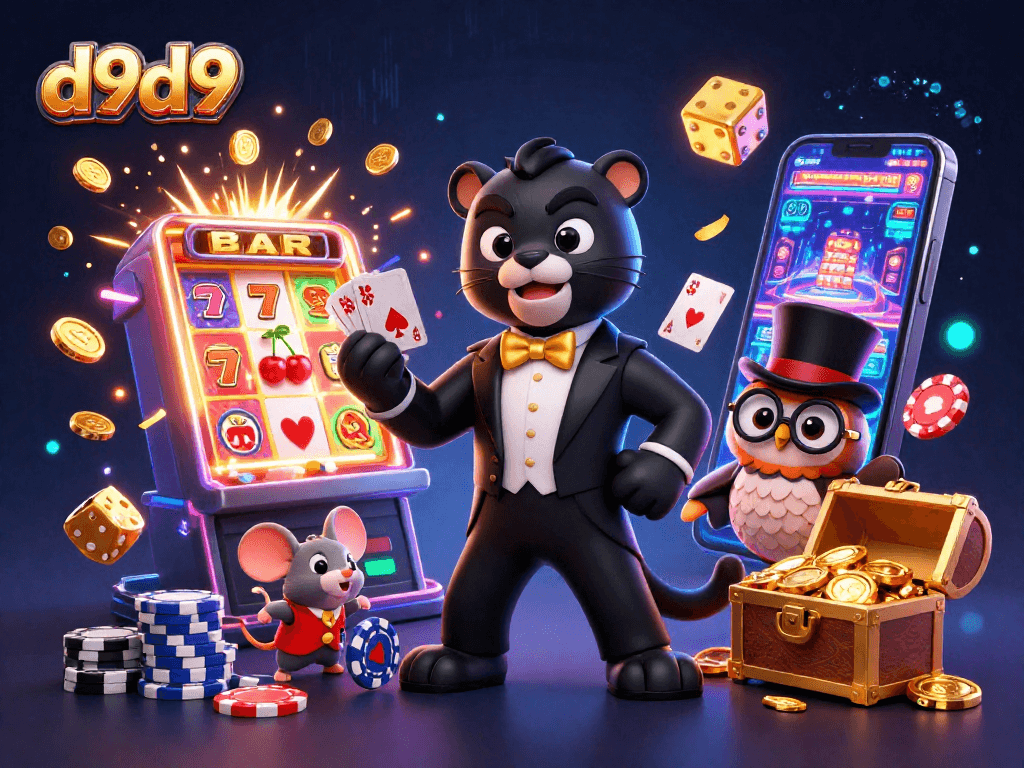 Maglaro sa d9d9 gamit ang masayang black panther at cute owl sa isang masiglang casino scene.