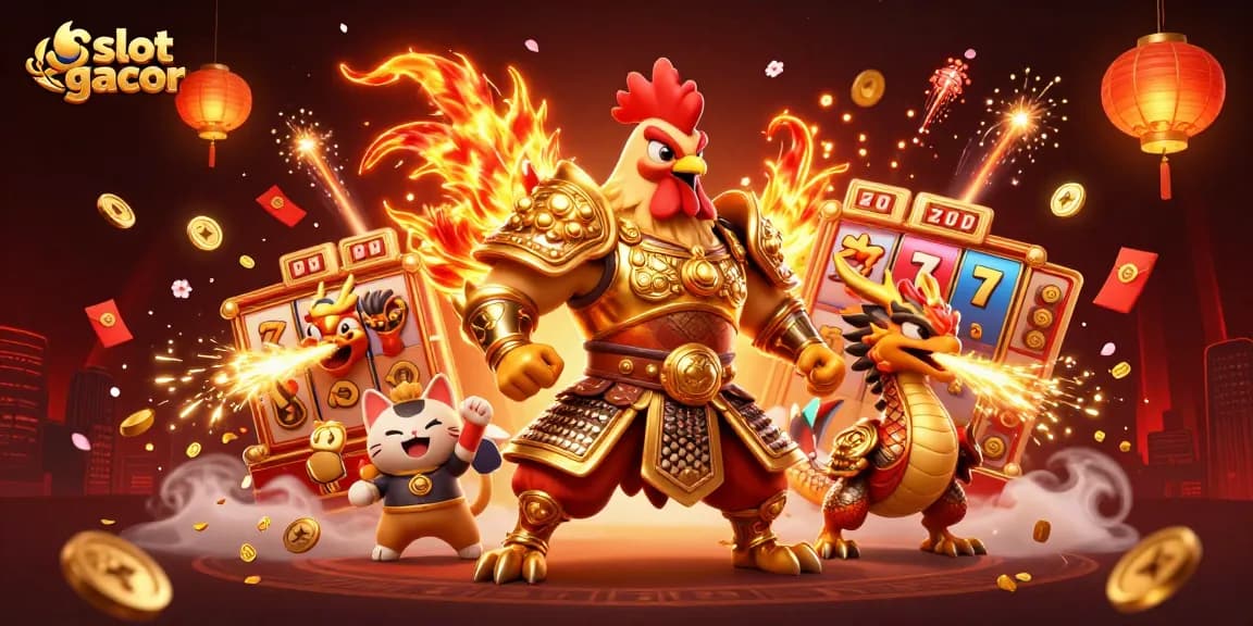Engage with slot gacor through vibrant 3D illustration depicting exciting game elements and characters.
