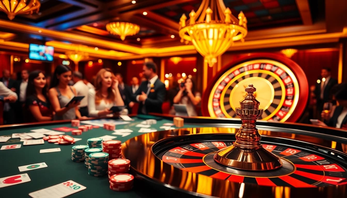 Experience the excitement of high-stakes gaming at 98win with vibrant chips and a spinning roulette wheel.