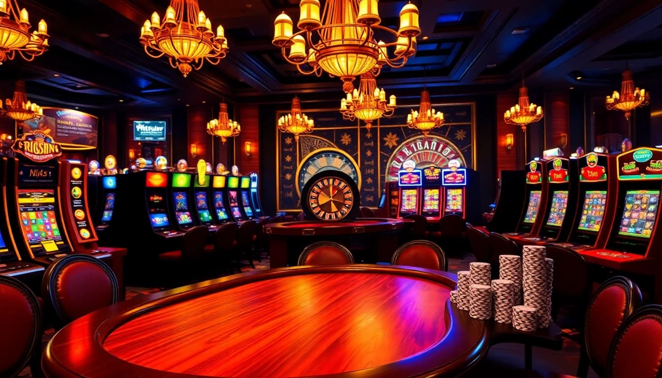 A vibrant casino scene featuring players engaged at a poker table, representing https://kk55.group's dynamic gambling atmosphere.