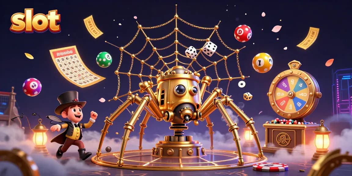 Slot menjadi fokus gambar dengan karakter laba-laba steampunk yang menangkap dadu dan elemen judi lainnya berwarna-warni.