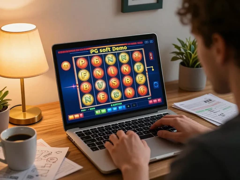 Permainan menarik dengan slot demo PG Soft ditampilkan di laptop dalam suasana rumah yang nyaman.