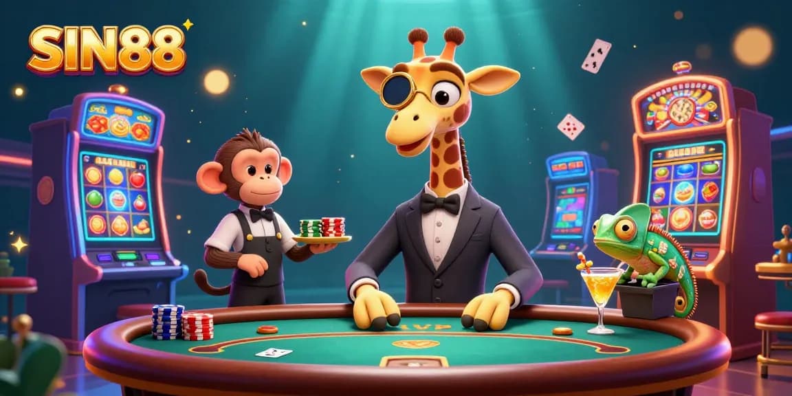 SIN88 showcases dynamic 3D casino action with a high-roller giraffe at a poker table and vibrant slot elements.