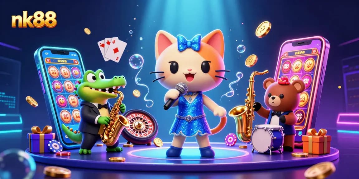 Engage with nk88's vibrant gaming scene featuring a jazzy cat, crocodile, and bear cub performing.