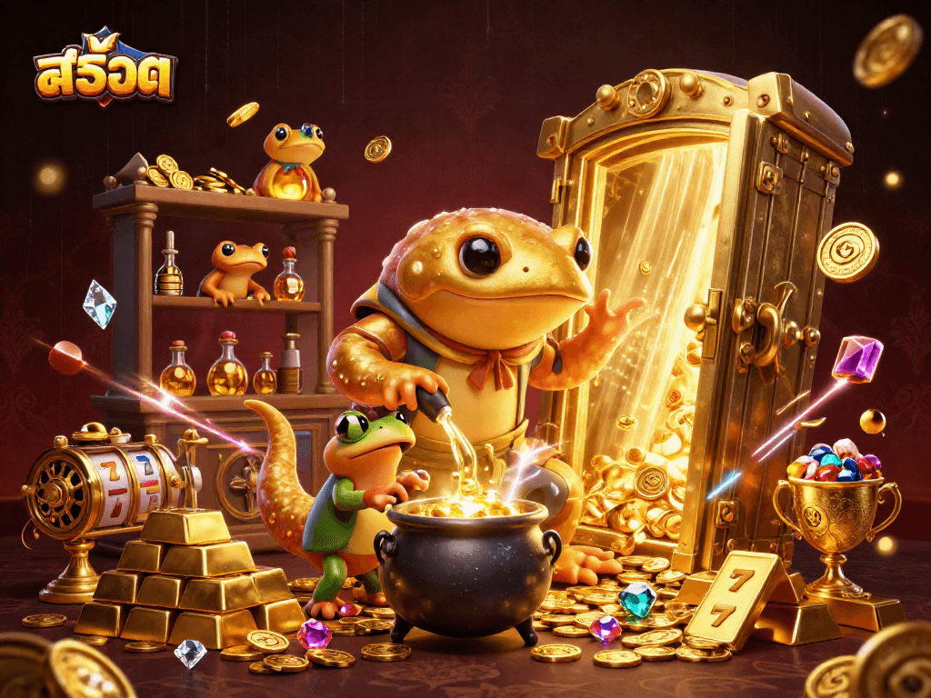 Spin the สล็อต slot reels in this vibrant 3D scene of a golden alchemist and his frog apprentice.