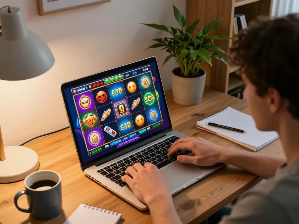 Engaging gamer strategizing winning slot spins from home office setup, showcasing excitement.