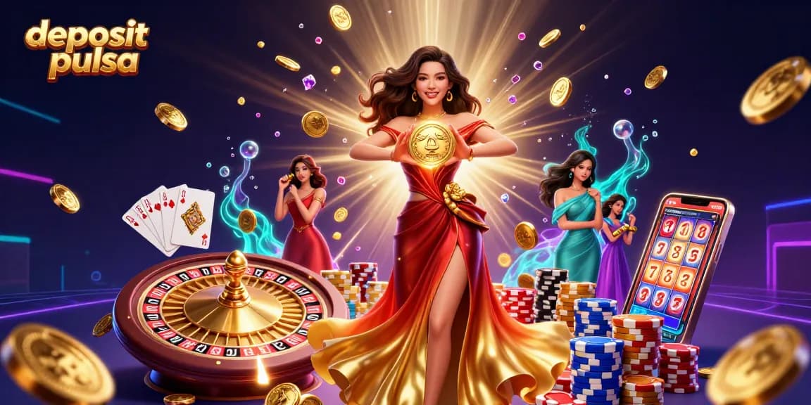Rasakan gameplay yang mengasyikkan dengan deposit pulsa pada ilustrasi bertema kasino yang cerah ini yang menampilkan koin emas dan permata.