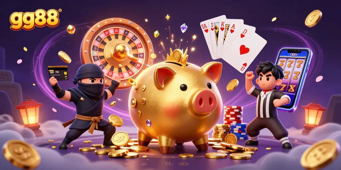 gg88 sumo wrestler piggy bank shakes loose coins in a vibrant casino scene filled with excitement.
