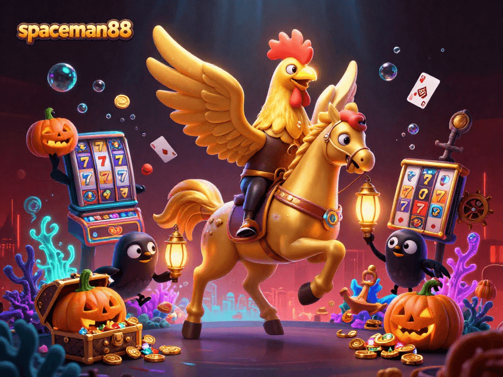 Play thrilling games at spaceman88 with golden rooster in a vibrant casino scene.