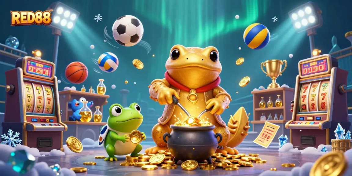 Join the excitement of RED88 casino games with a golden alchemist crafting coins amid dynamic visuals.