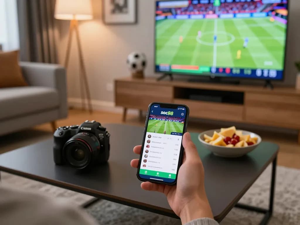 Betting on live sports with the soc88 app on a smartphone during an exciting game.
