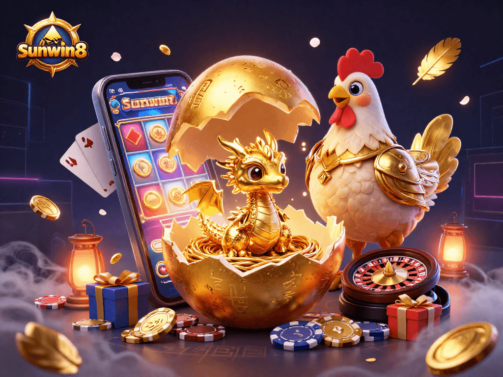 Win big with sunwin8 at this dynamic casino scene featuring golden dragon and immersive gambling elements.