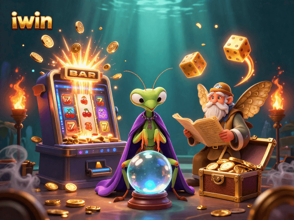 iwin showcases a captivating 3D scene with a fortune teller, moth librarian, and rich casino elements.