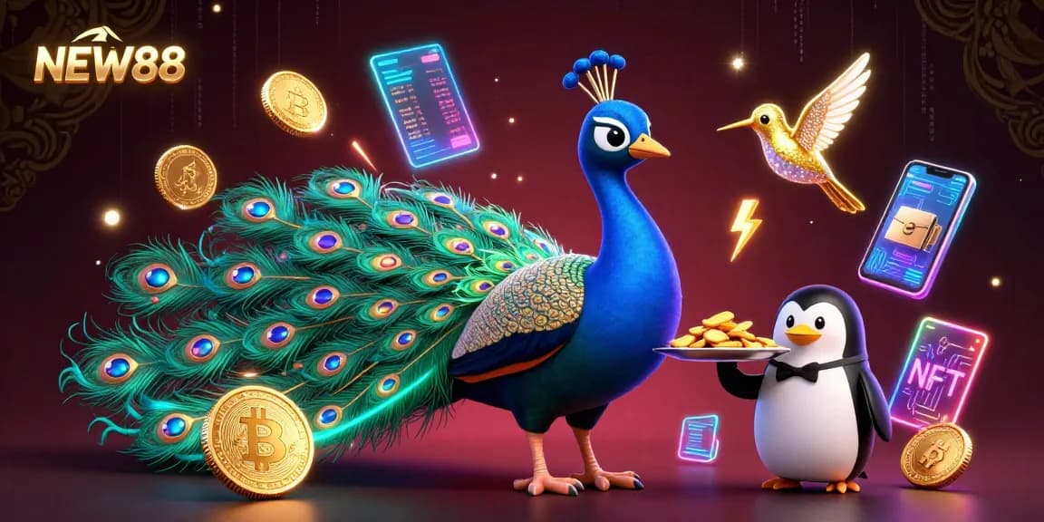 Experience the excitement of NEW88 with a dazzling peacock and captivating casino elements in this vibrant illustration.