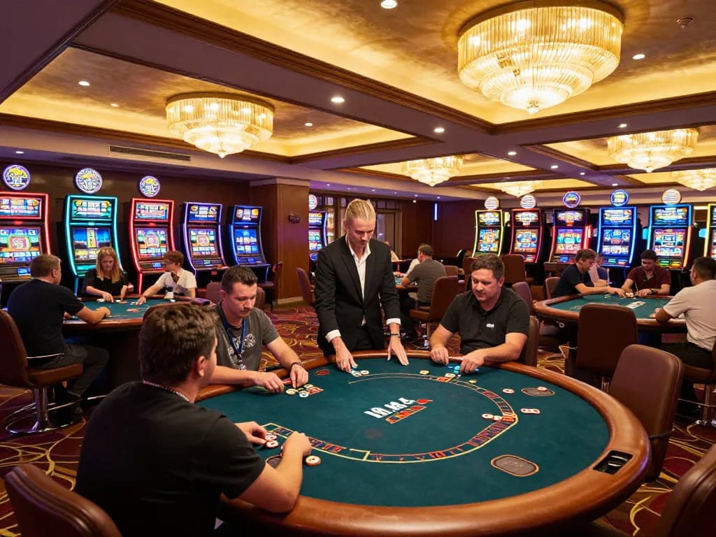 Players strategizing at MM88 poker tables in an upscale casino environment