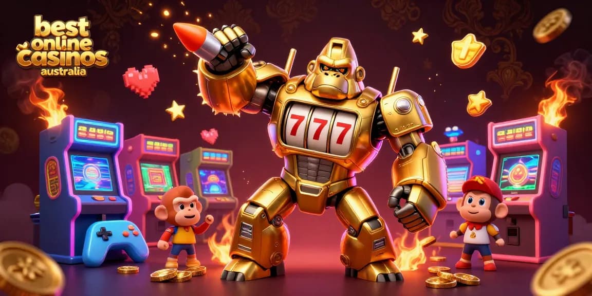 Win exciting jackpots at the best online casinos Australia featuring a golden gorilla mech with slot elements.
