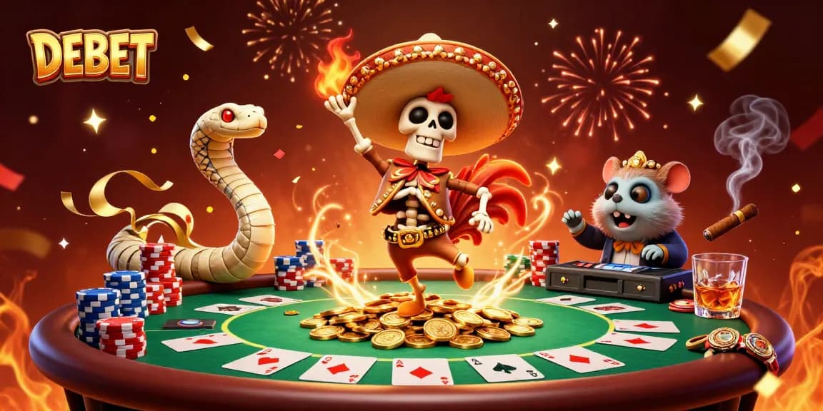 Experience DEBET's thrilling casino scene with lively characters celebrating around poker elements.