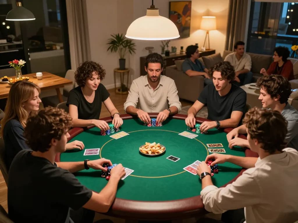 situs slot gacor friends enjoying an exciting poker night with chips and cards at home