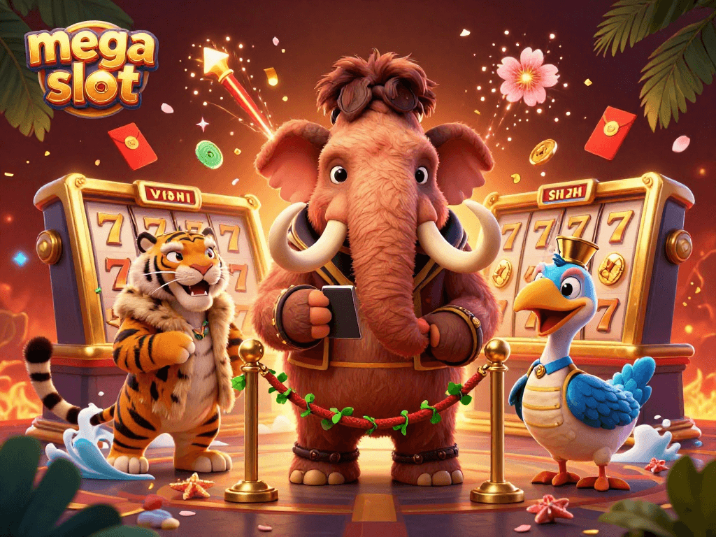 Experience the excitement of mega slot games with a vibrant casino scene featuring dynamic characters.