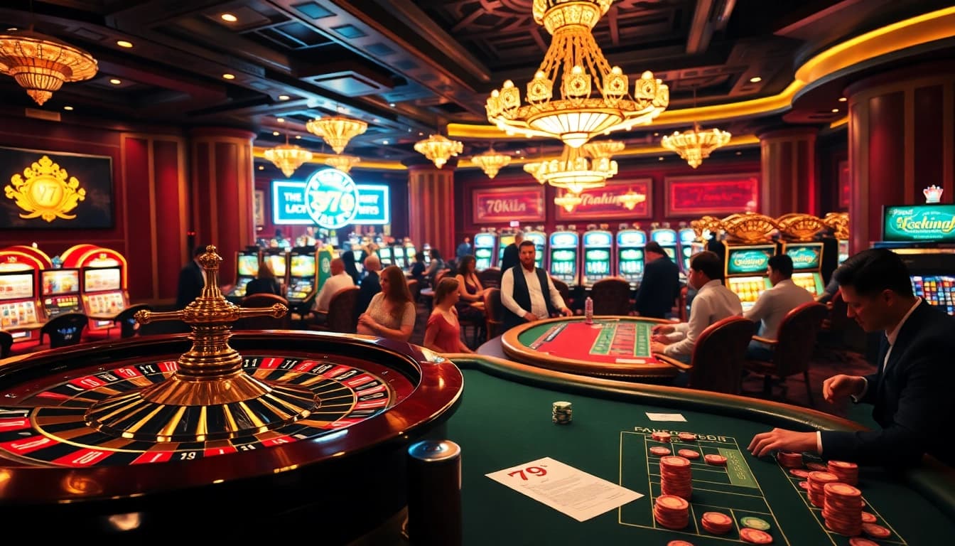 Engaging gamblers at 79king casino tables with vibrant poker chips and roulette wheels.