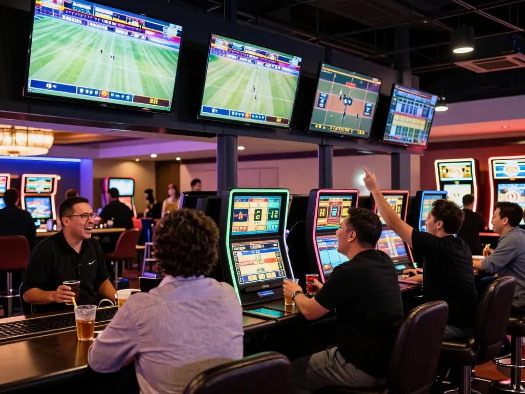 Betting enthusiasts cheering for du88 sports events at a vibrant casino lounge, showcasing live screens and excitement