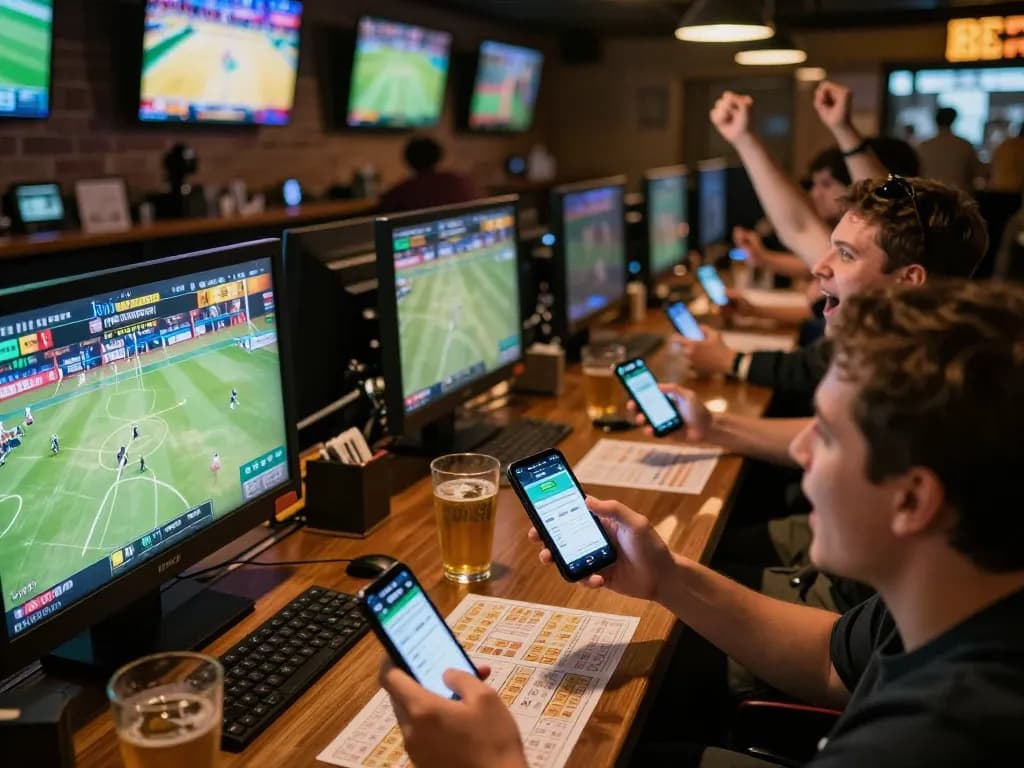 Patrons engaging with the F8BET app while cheering for their favorite teams in a lively sports bar.