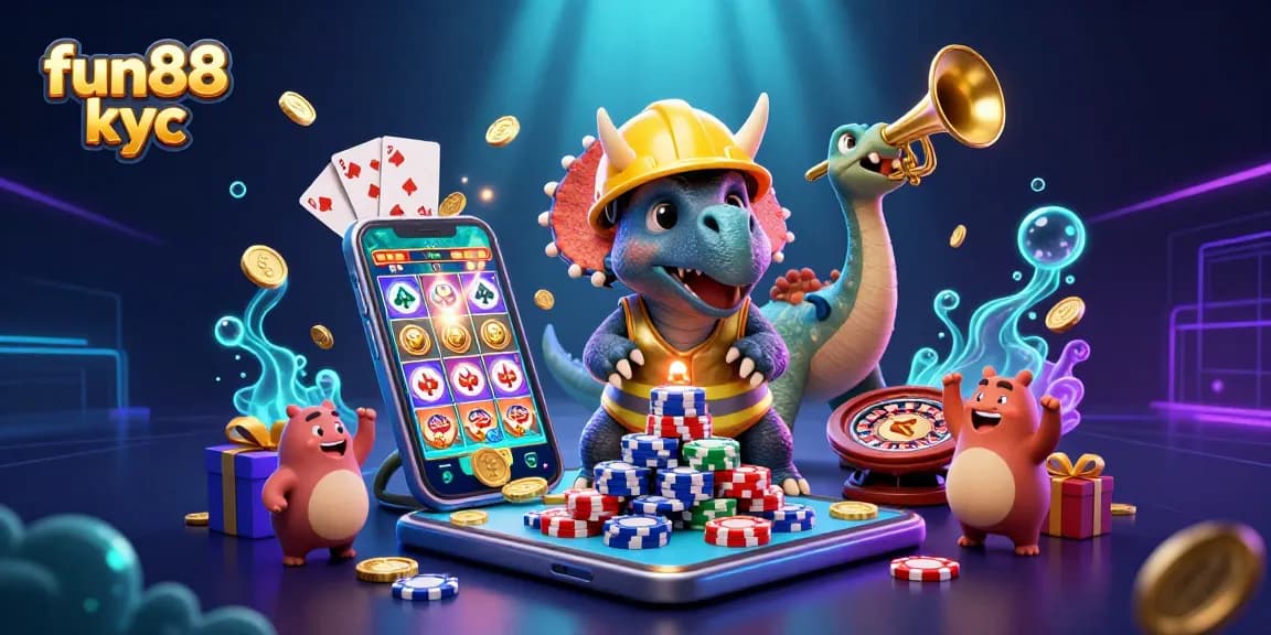 Hãy tham gia cá cược vui vẻ cùng fun88 kyc với hình ảnh triceratops xây dựng chồng poker và các biểu tượng game sôi động.