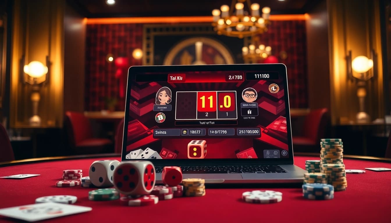 Tai Xiu online game setup with animated dice and colorful betting chips in a luxury casino layout.