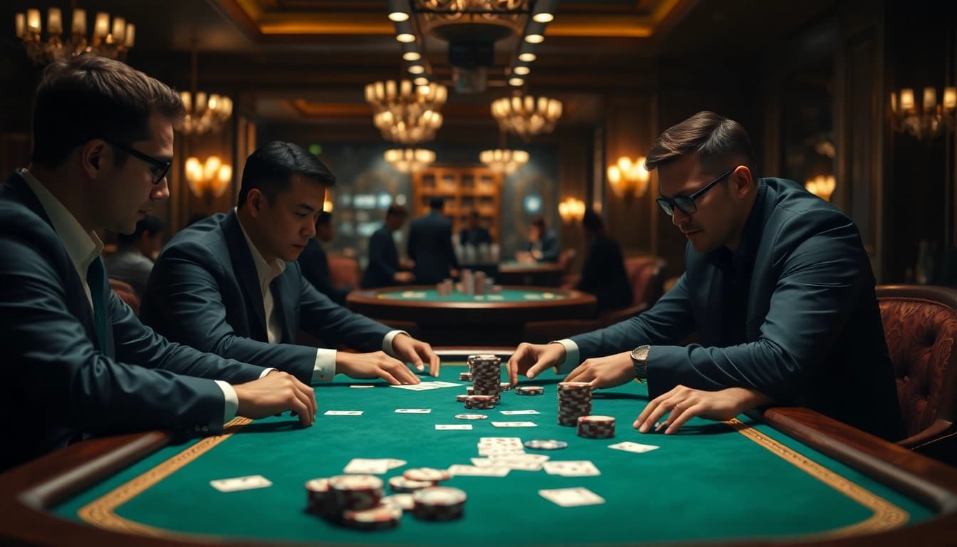 Engaged players in a Poker Game at a luxurious casino table with chips and cards.