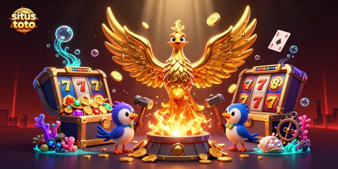 Mendalami situs toto dengan ilustrasi 3D menarik yang menampilkan simbol slot, keberuntungan, dan harta karun online.