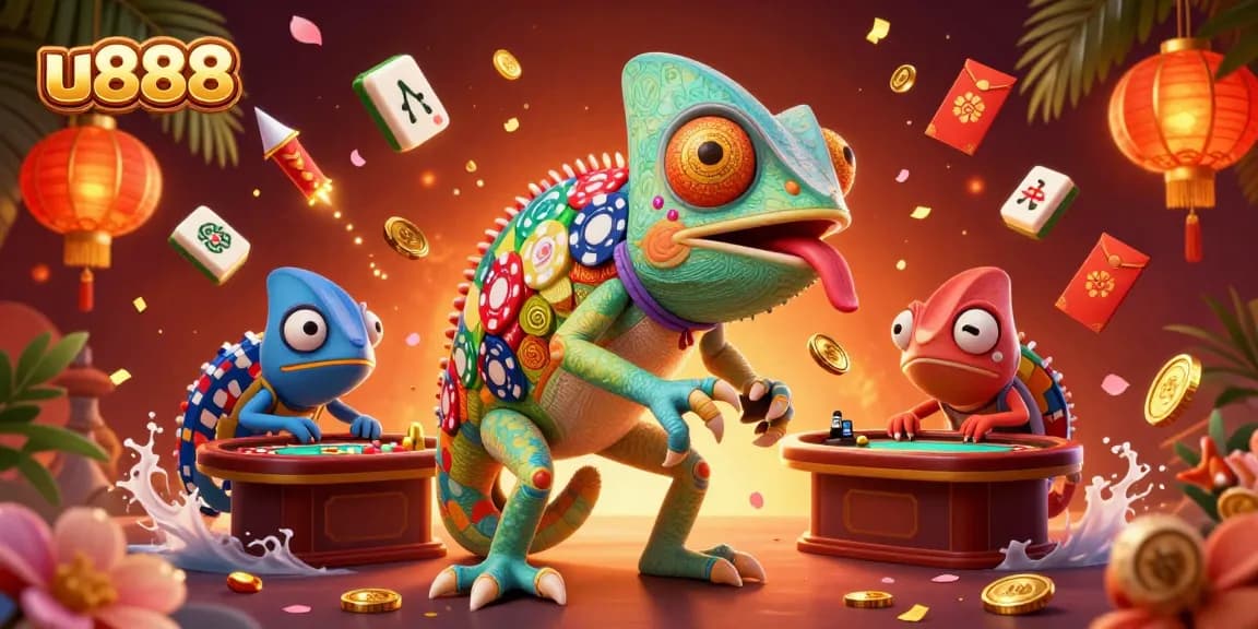 Engage with u888 in this vibrant casino-themed illustration featuring a dynamic chameleon boss.