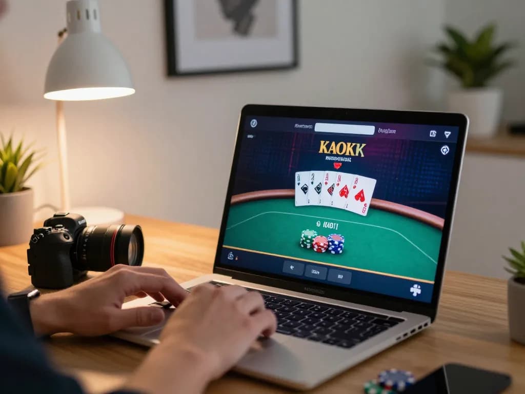 Engaging in online casino gaming with tr88 at stylish home setup, showing gameplay on laptop