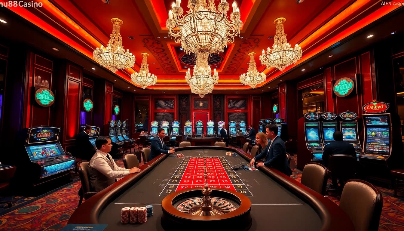 Experience the thrilling atmosphere of mu88 casino nhà cái uy tín with sophisticated players at a luxurious table.