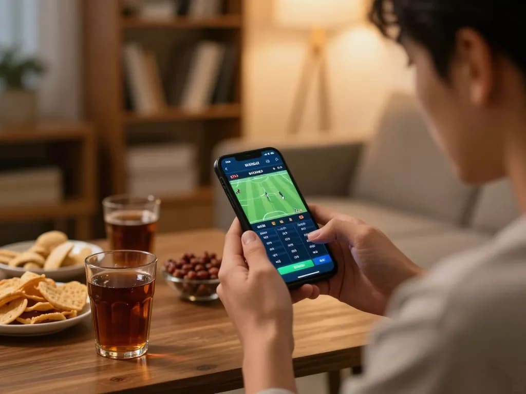 Engaged in betting with smartcityhostels app, displaying live sports odds and cozy atmosphere.