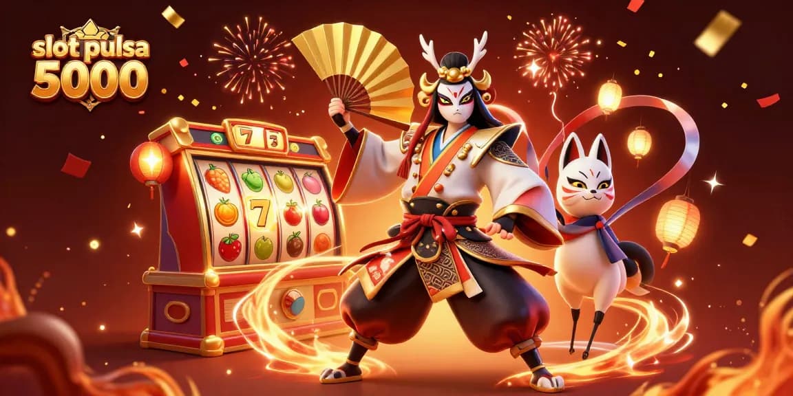 Permainan slot pulsa 5000 dengan kabuki warrior dan elemen kasino yang meriah menarik perhatian pemain.