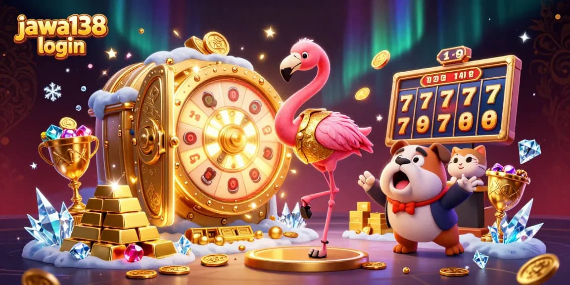 Gambar menarik tentang jackpot di JAWA138 login dengan karakter yang dinamis dan elemen kasino yang berkilau.