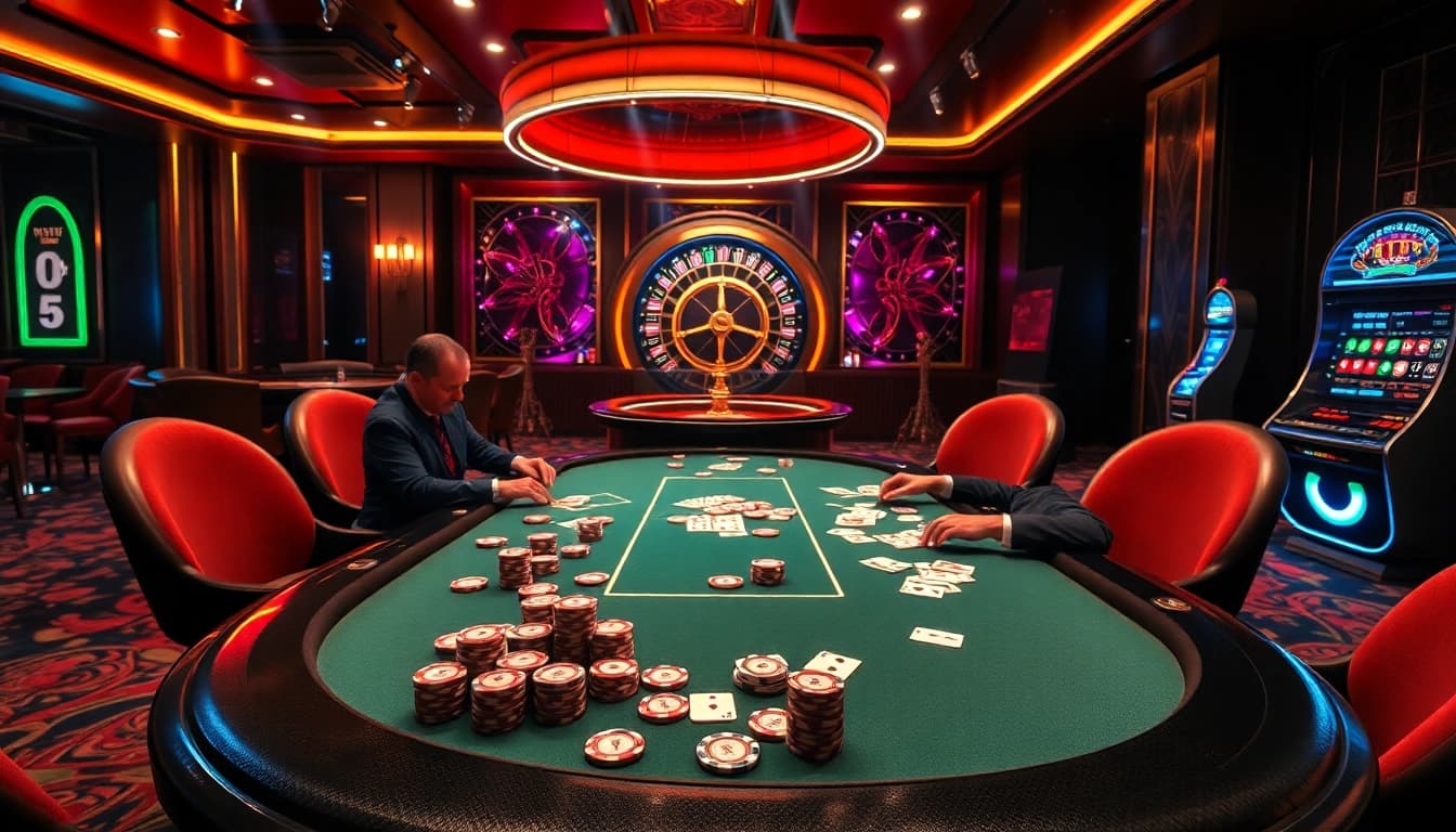 Exciting gameplay at a luxurious rik vip casino table with vibrant poker chips and cards.