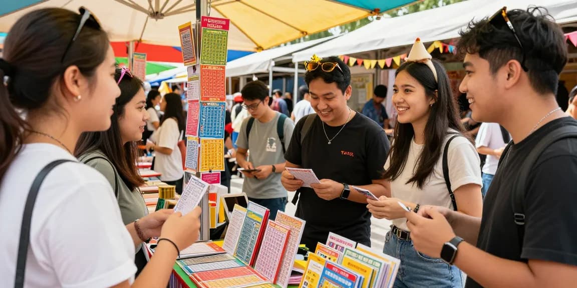 Toto lottery gaming booth in a lively market, showcasing excitement and community interaction.