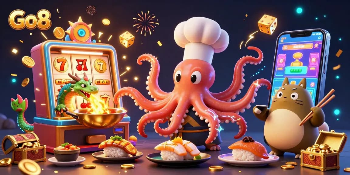 Engage in thrilling gaming at Go8 with a cartoon chef octopus and dragon among dynamic casino elements.