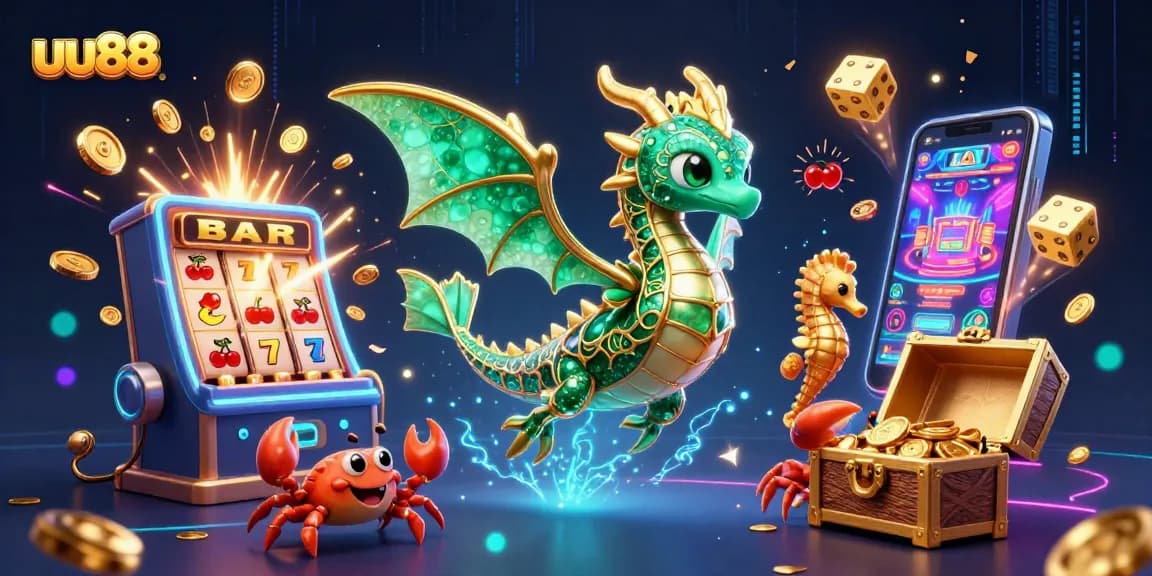Experience the excitement of uu88 with a vibrant 3D casino scene featuring a sea dragon and treasure chest.