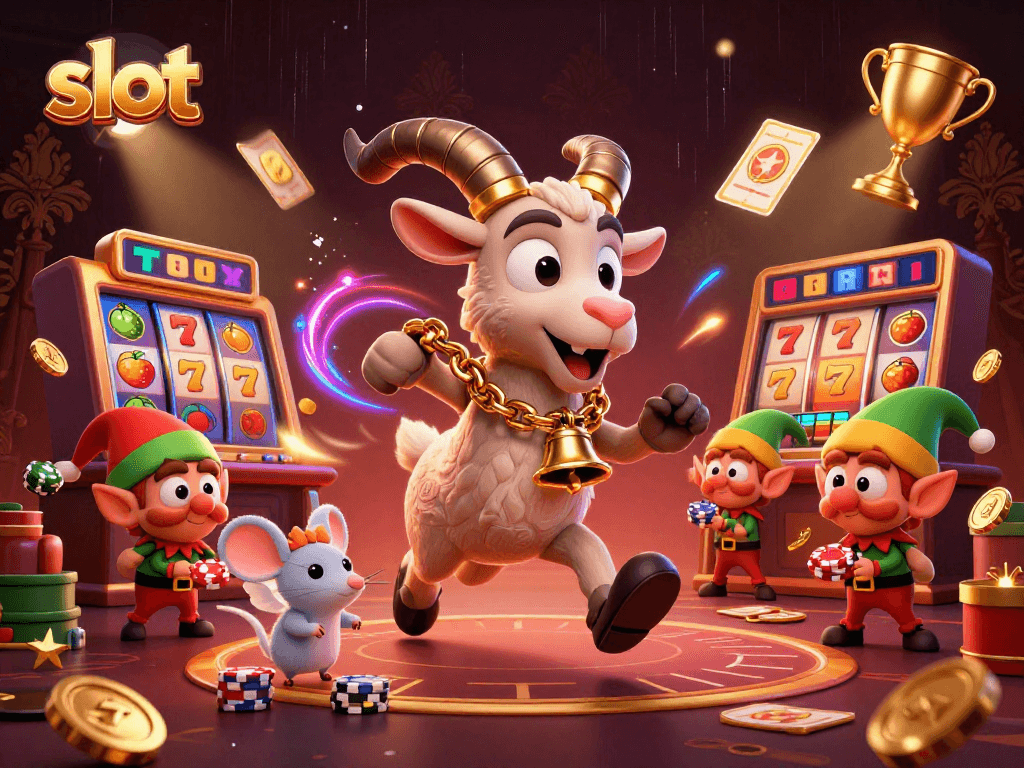 Engaging slot machine scene featuring Krampus, angel mouse, and mischievous elves in a holiday horror casino.