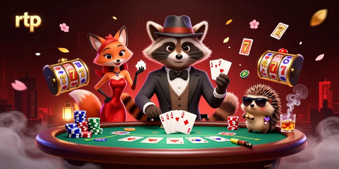 Engage with rtp gaming excitement through our vibrant 3D casino image featuring a raccoon, fox, and hedgehog at a slot table.