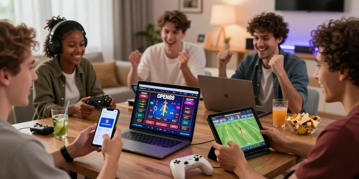 Exciting online gaming experience with players using OPEN88 app on devices in vibrant living room.