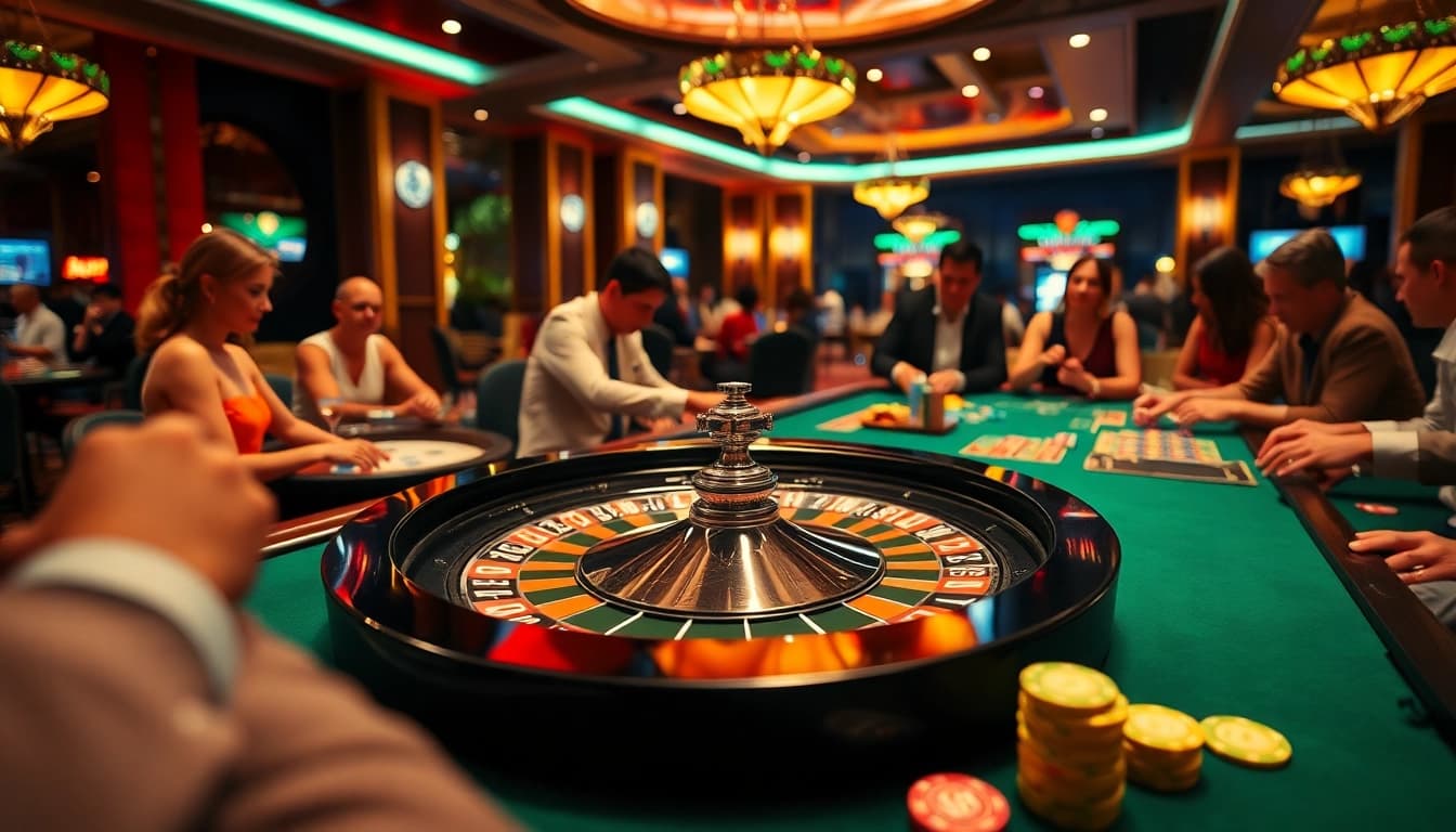 Menyaksikan arus hoki pada permainan kasino dengan roda roulette yang berwarna-warni dan chip yang cerah.