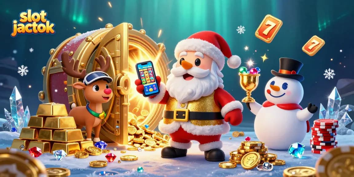 Play the exciting slot jackpot games with Santa and friends surrounded by treasures and festive elements.