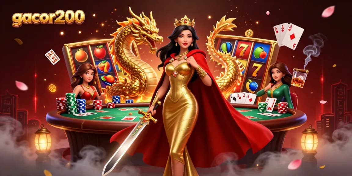 gacor200 showcases an epic slot reel battle scene with a warrior queen and a golden dragon